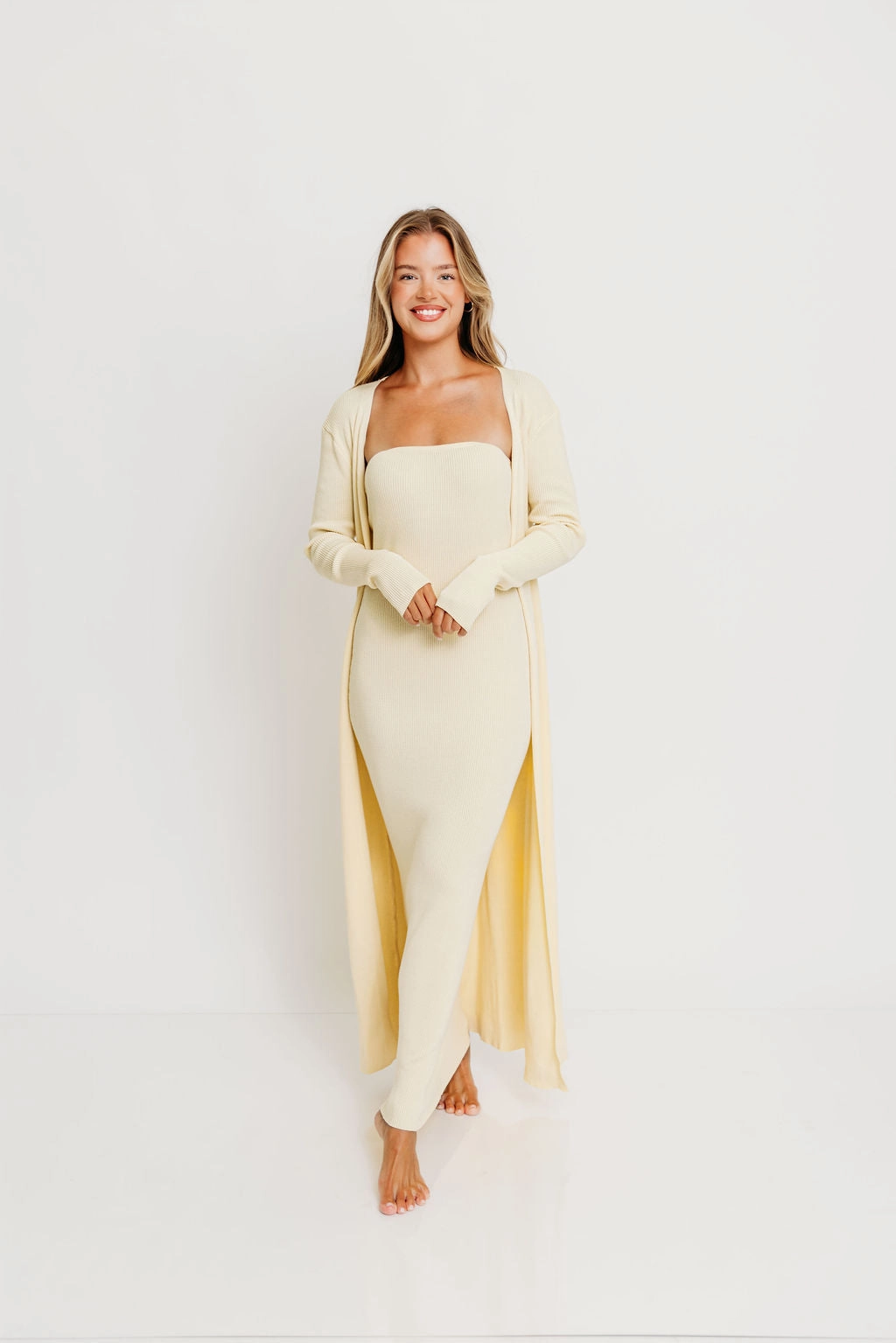 Non-Iron StretchableKnit Lina Two Piece Dress Set in Butter Yellow - Bump Friendly
