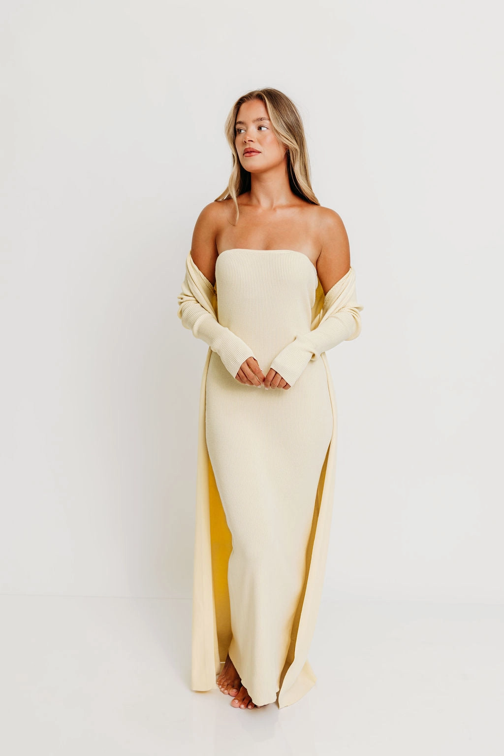 Lina Two Piece Dress Set in Butter Yellow - Bump Friendly Relaxed Comfort Look Piped-Edge