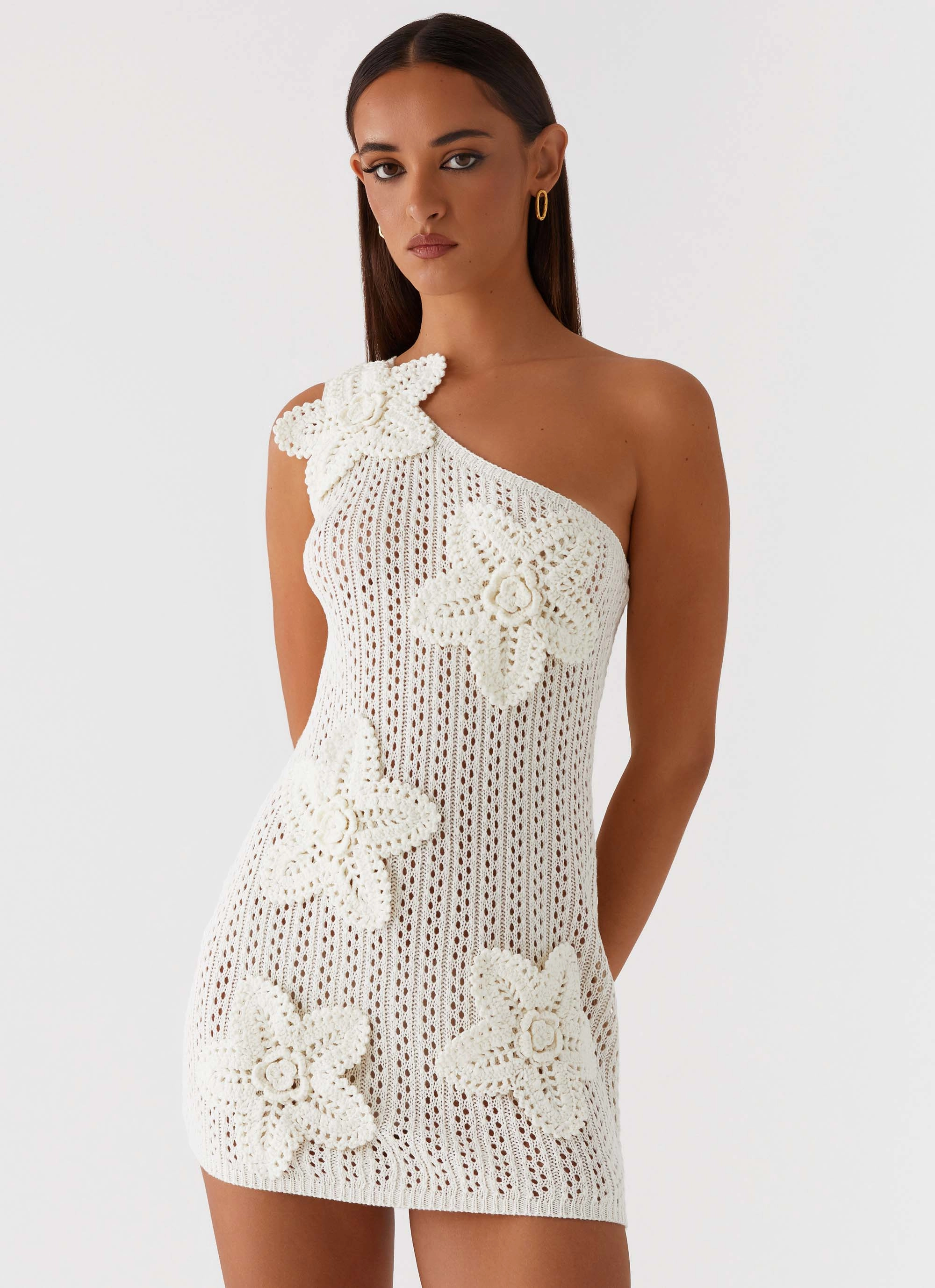 Vacation Vibe Afterglow One Shoulder Crochet Mini Dress - Ivory
