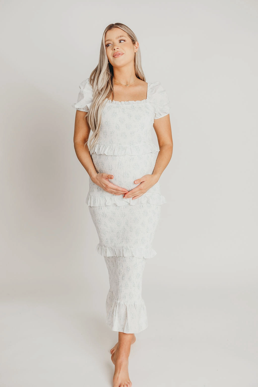 Ada Smocked Dress in Blue Floral- Bump Friendly & Inclusive Sizing (S-3XL) *Final-Sale* Outdoor Scene