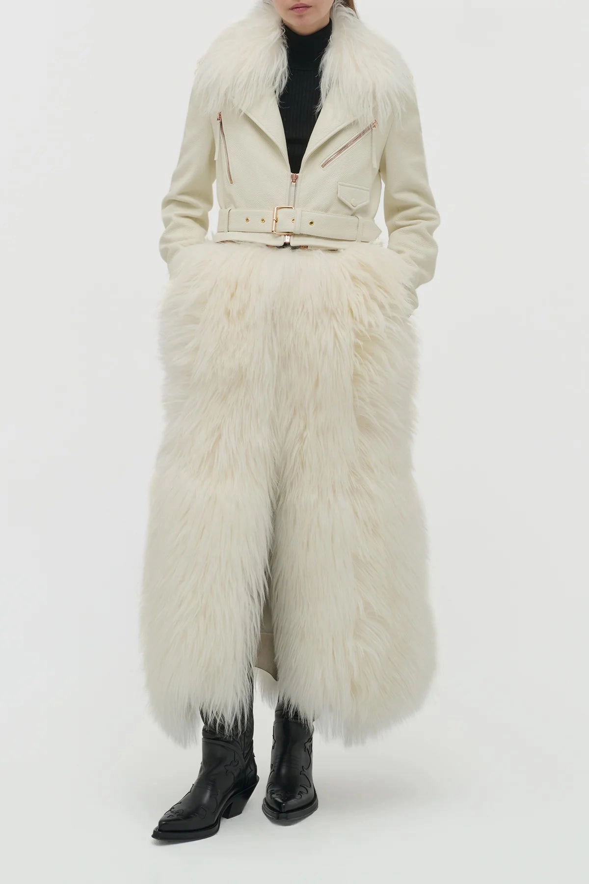 Brymwylf Convertible Coat in White Textured Leather & Cashmere Shearling Daily Essential