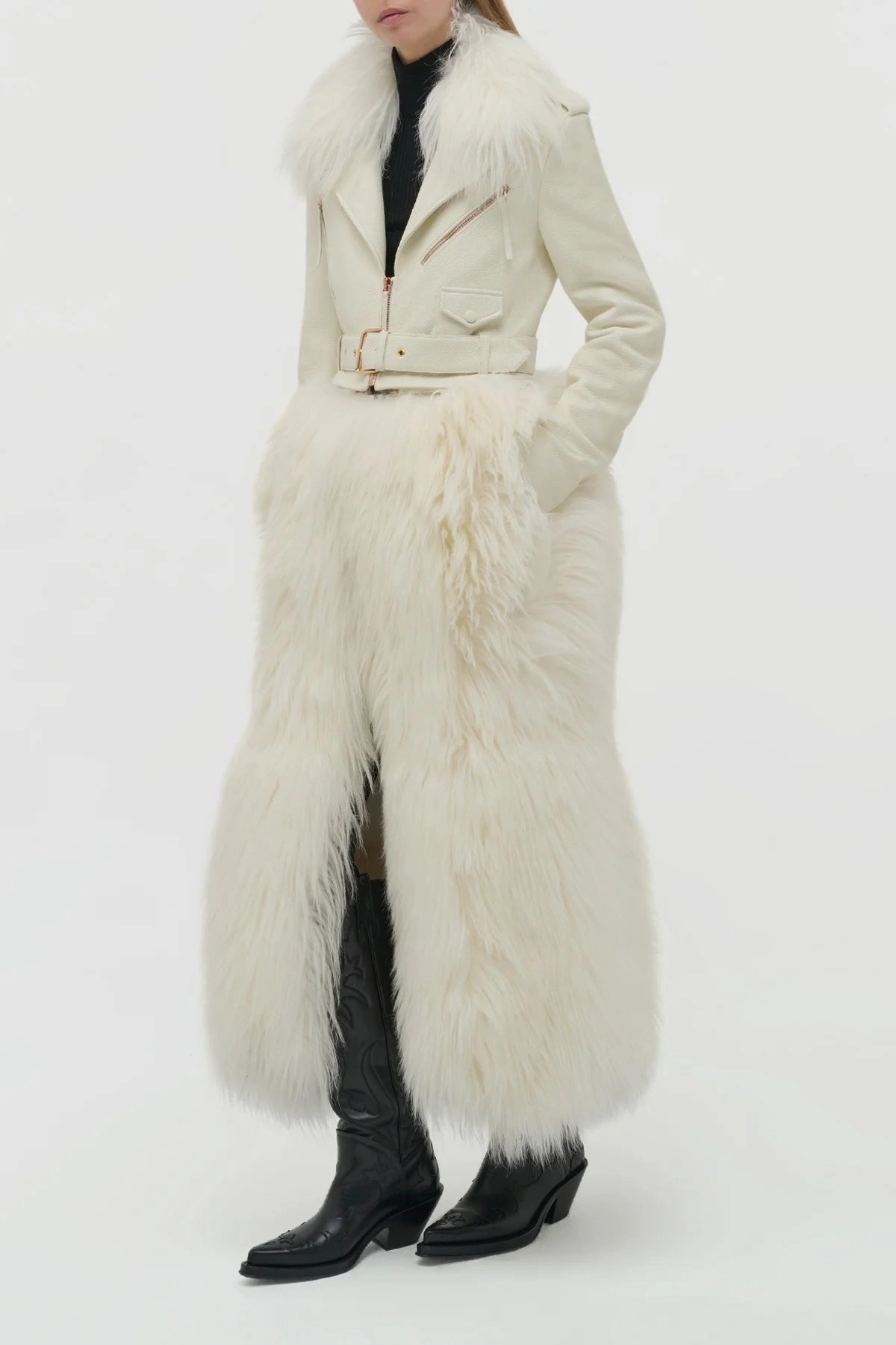 Brymwylf Convertible Coat in White Textured Leather & Cashmere Shearling Rugged Comfort