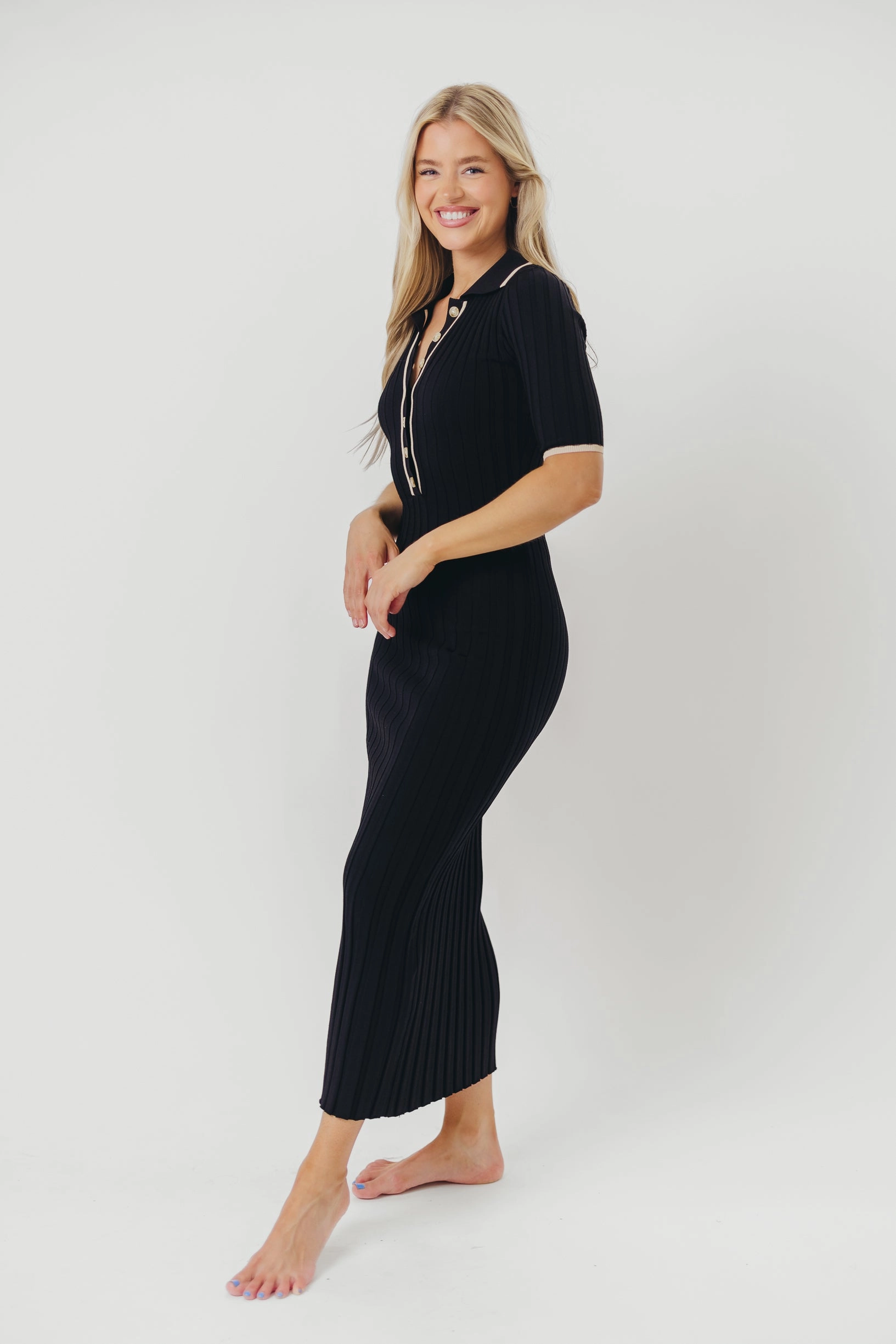 Addie Ribbed Button-Down Maxi Dress in Black - Nursing and Bump Friendly Daytime Mood