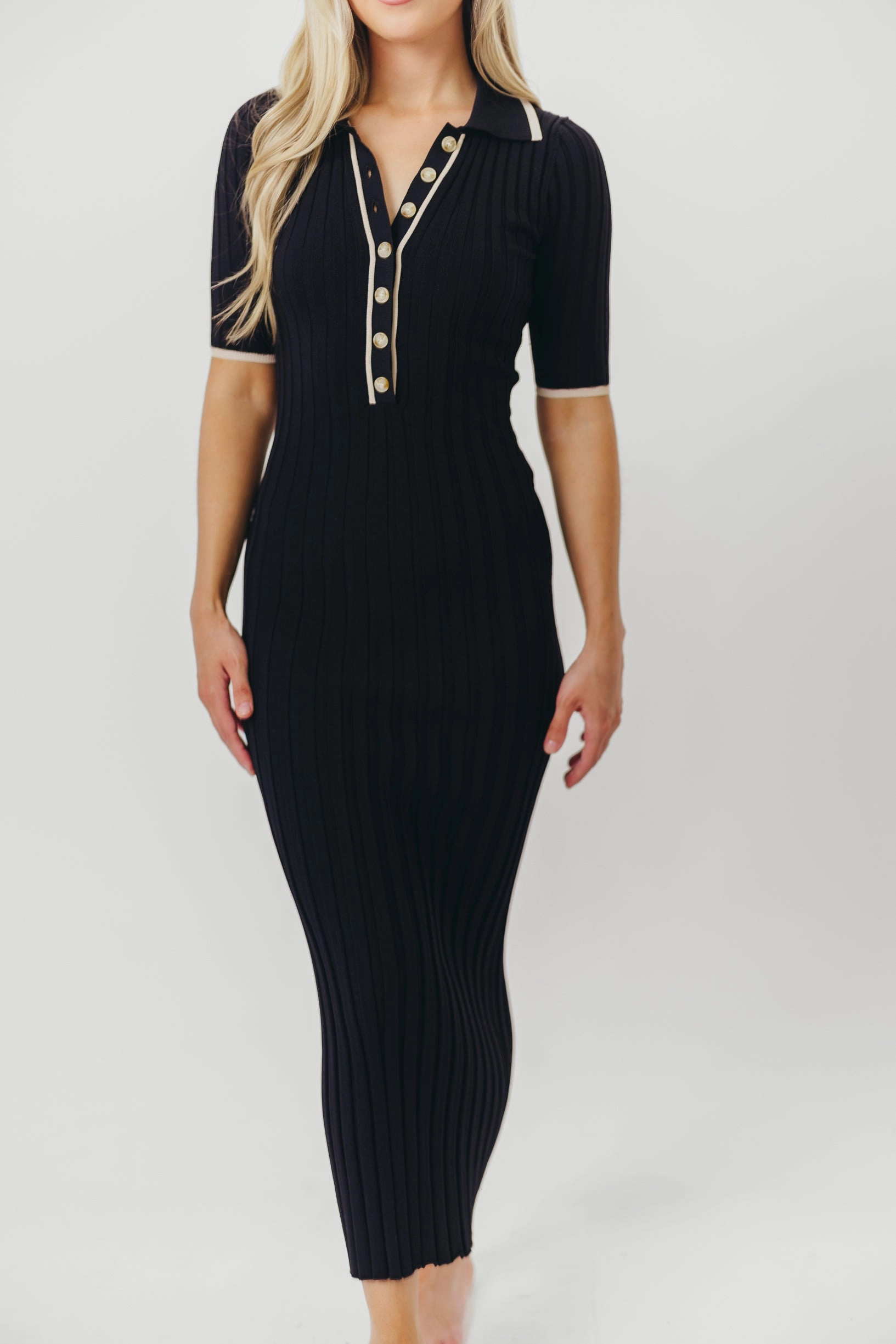 Versatile Layers Winter Classic Addie Ribbed Button-Down Maxi Dress in Black - Nursing and Bump Friendly