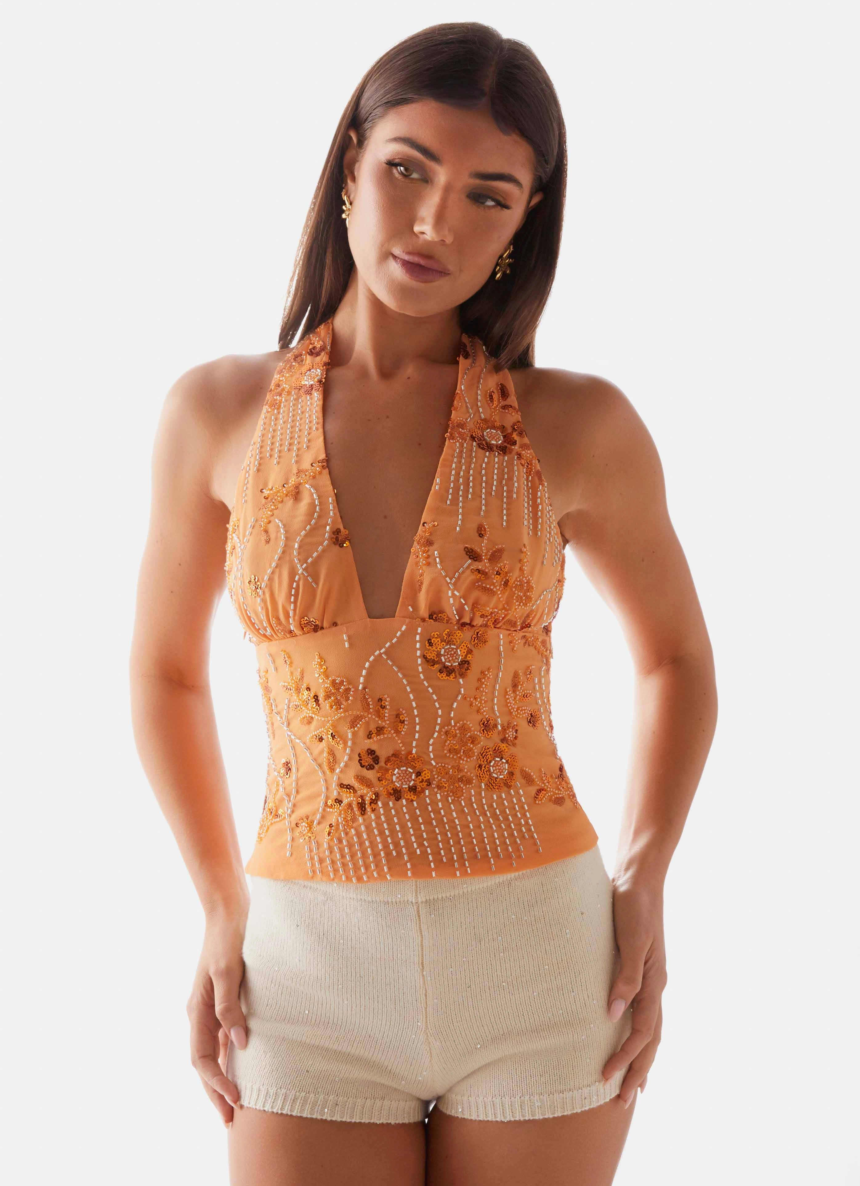Moisture Wicking Fabric Atlanta Sequin Halter Top - Orange