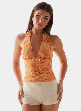 Moisture Wicking Fabric Atlanta Sequin Halter Top - Orange
