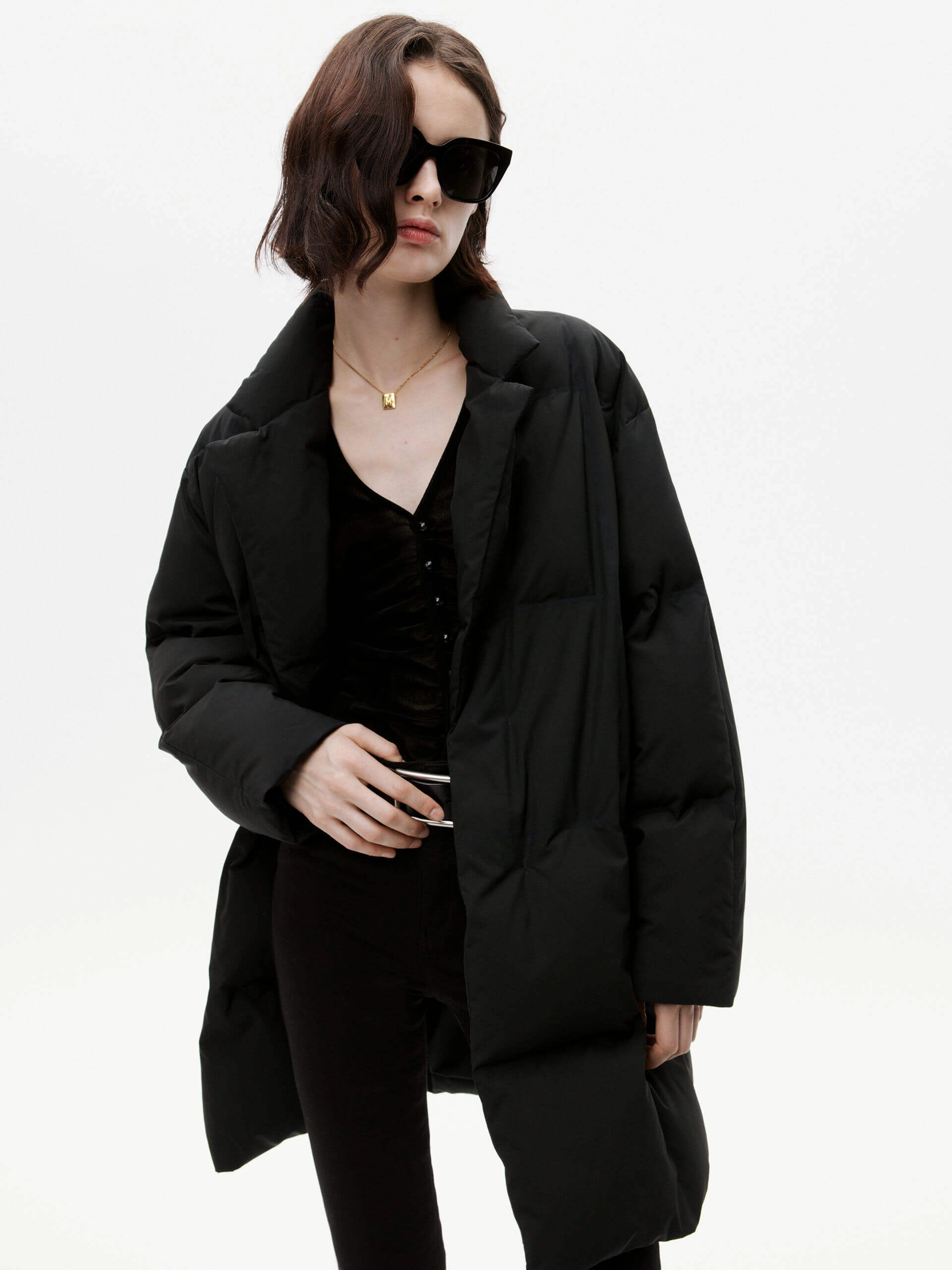 Adjustable Hem Cords Flat Collar Mid Puffer Coat