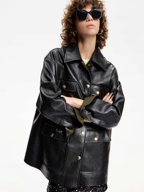 Front Pocket Leather Jacket RecycledPolyester Cozy Fit