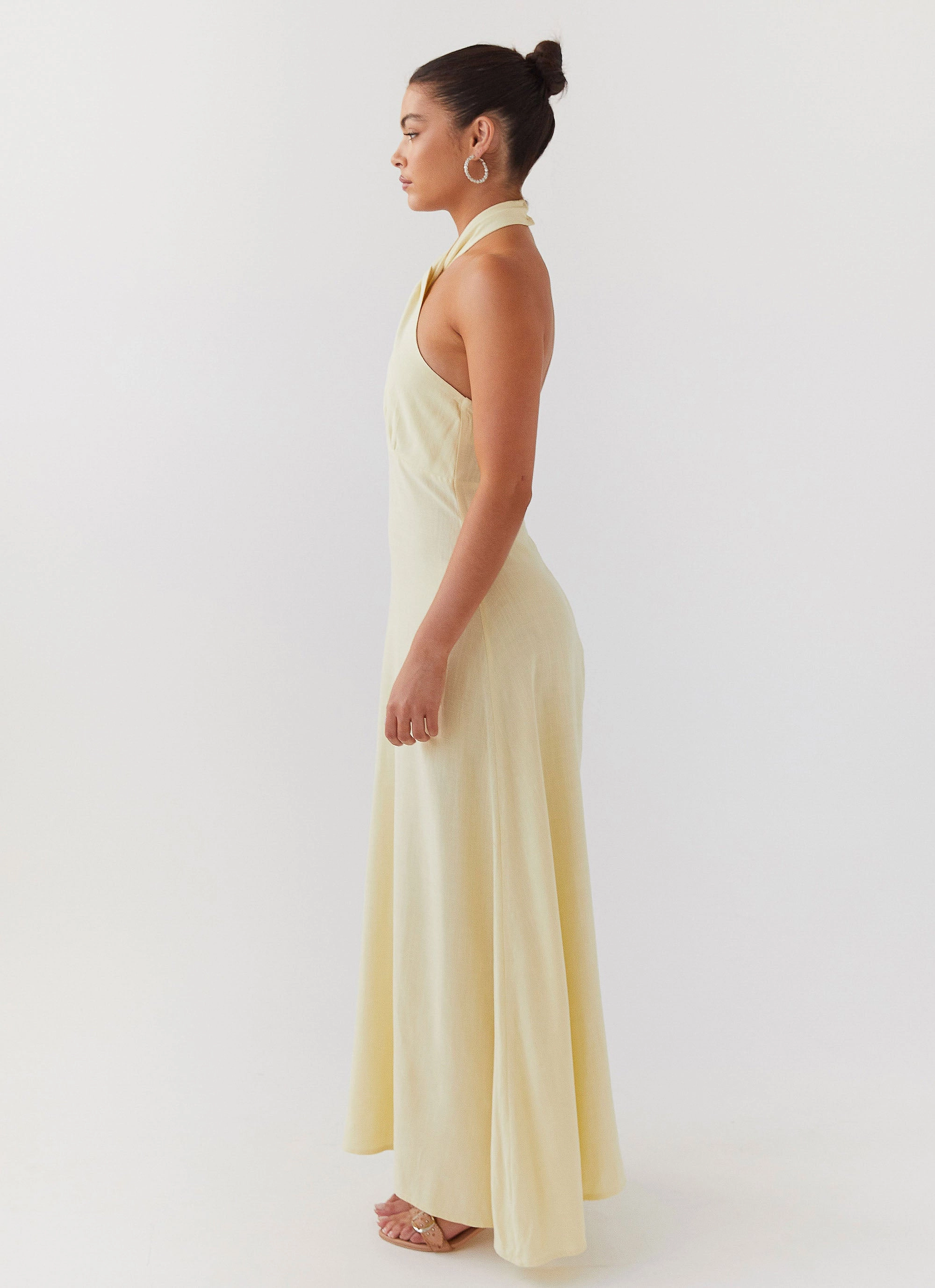 Formal-look Waist Seam Adrienne Linen Maxi Dress - Lemon