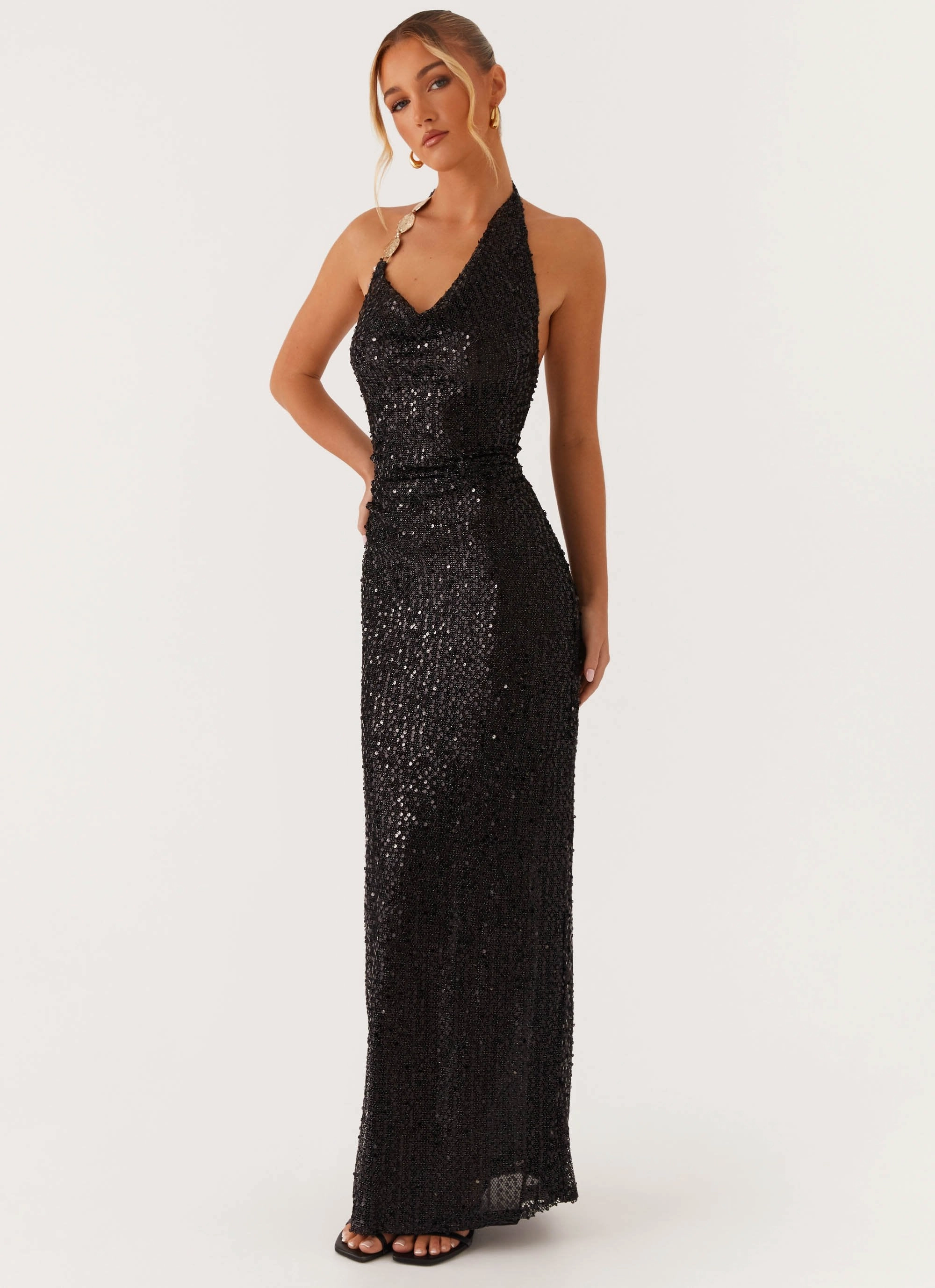 After Tonight Sequin Cowl Neck Maxi Dress - Black Breathable wear