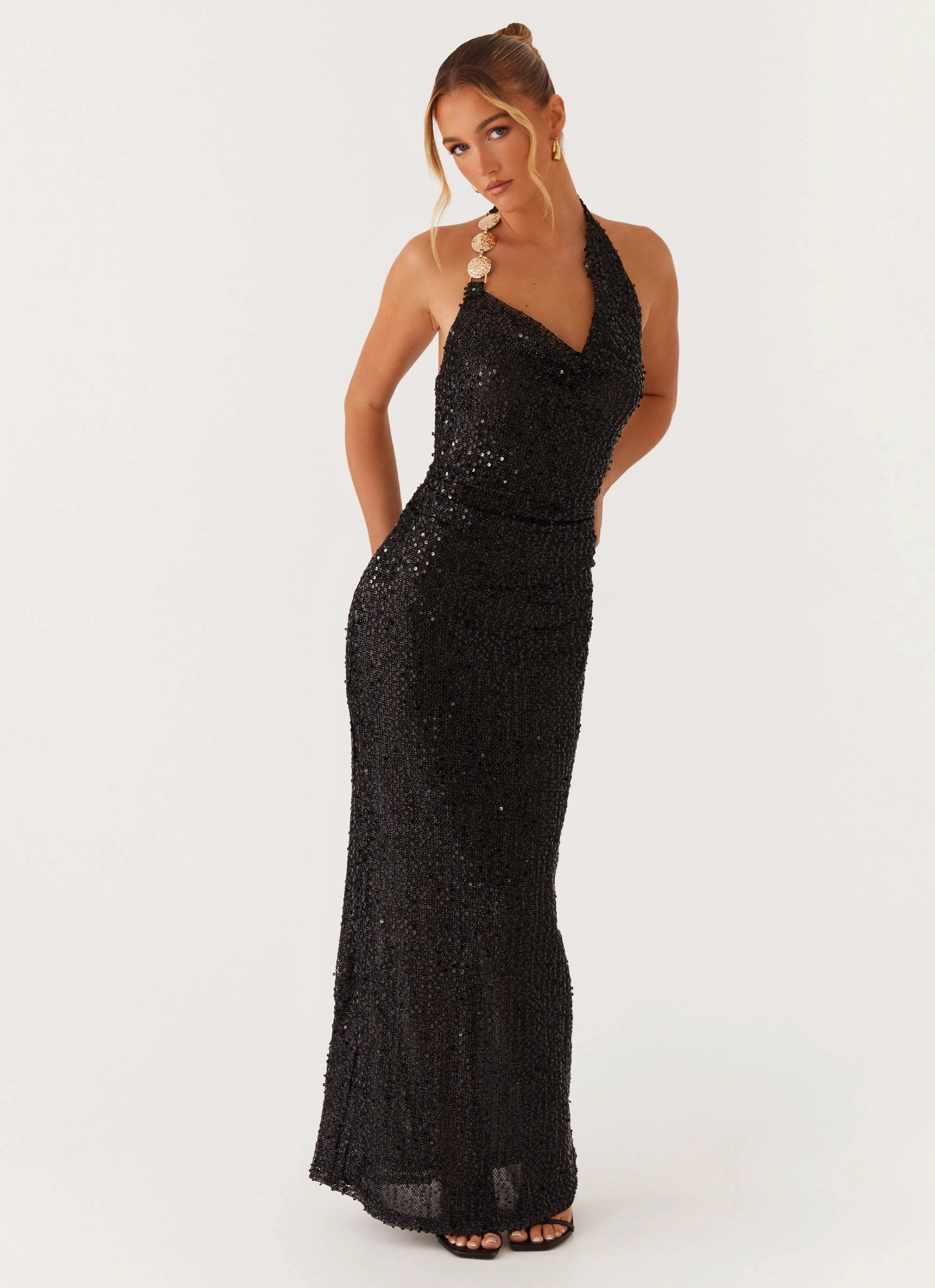 Elegant Style After Tonight Sequin Cowl Neck Maxi Dress - Black