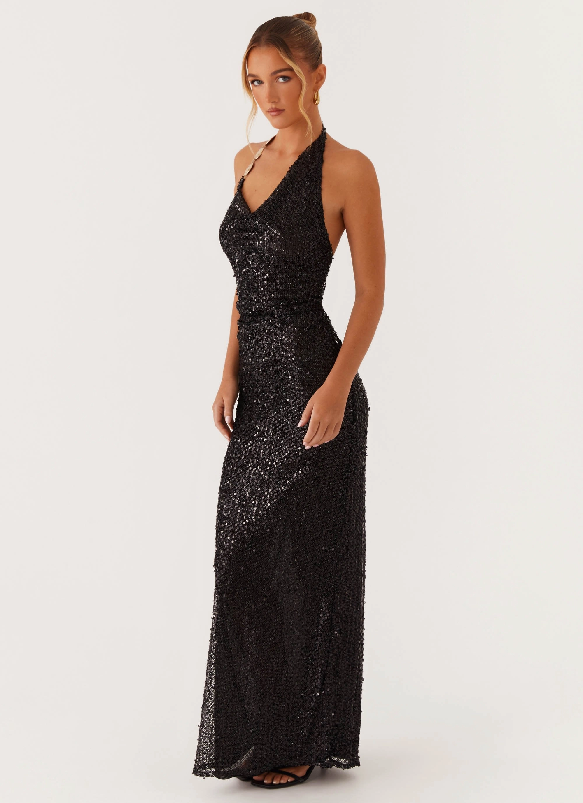 Sleek Motion Sophisticated Elegance After Tonight Sequin Cowl Neck Maxi Dress - Black