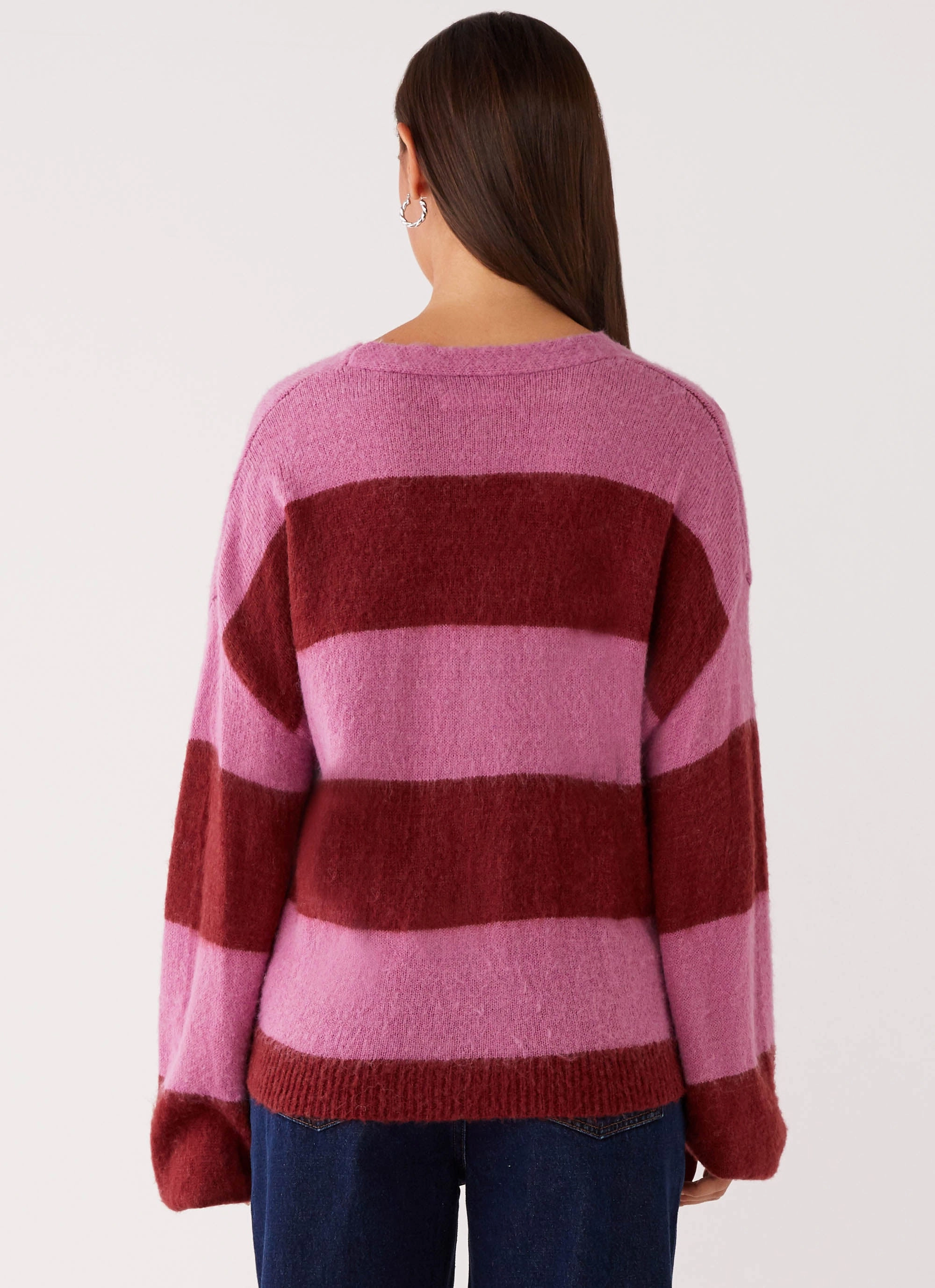 Butter Soft Yarn EcoConscious Production Ainslee Oversized Knit Cardigan - Red Pink Stripe