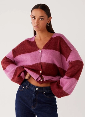Ainslee Oversized Knit Cardigan - Red Pink Stripe Thermal Lined Cuffs Moisture Management System