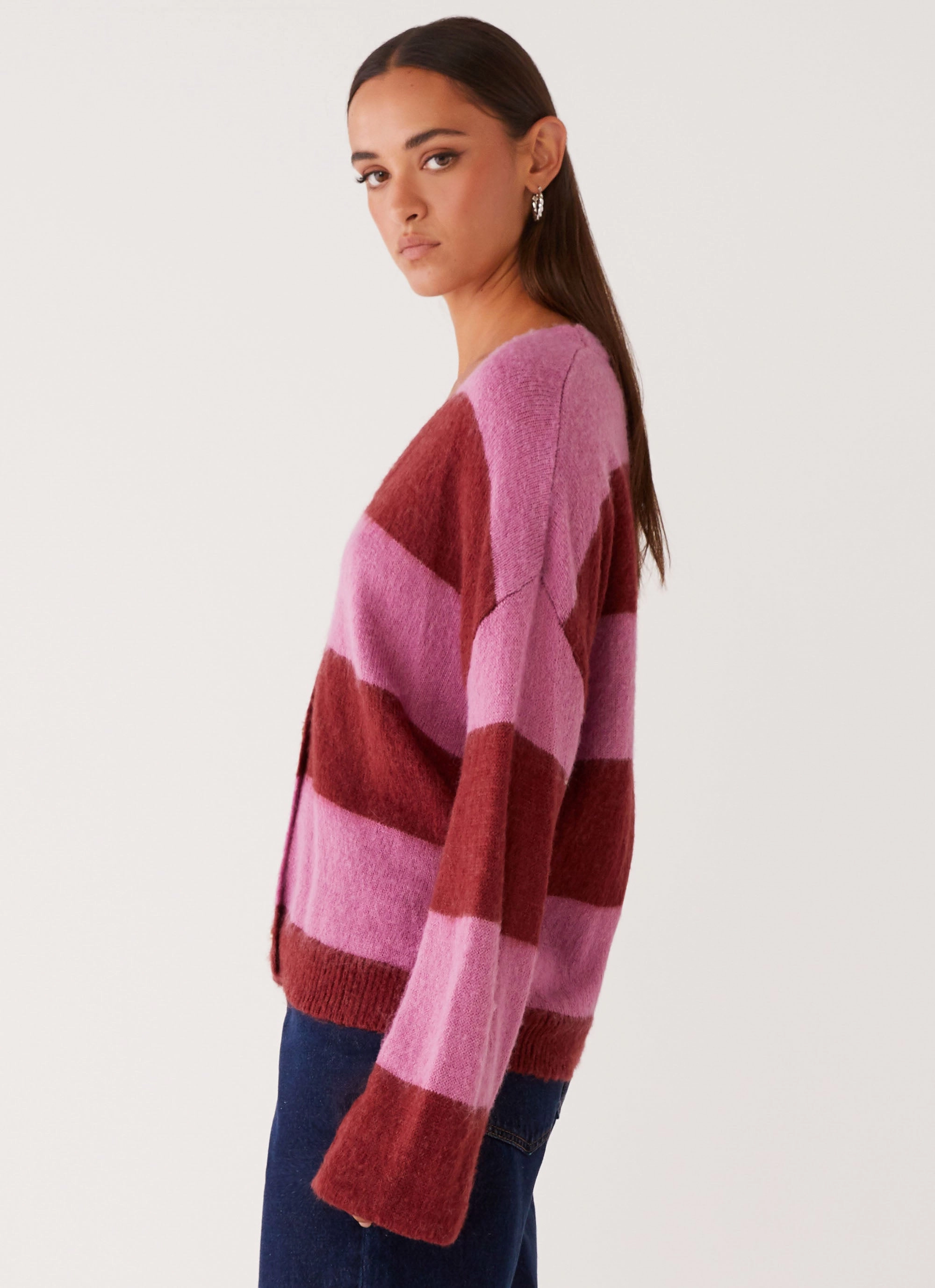 Compact Knit Technique Ainslee Oversized Knit Cardigan - Red Pink Stripe