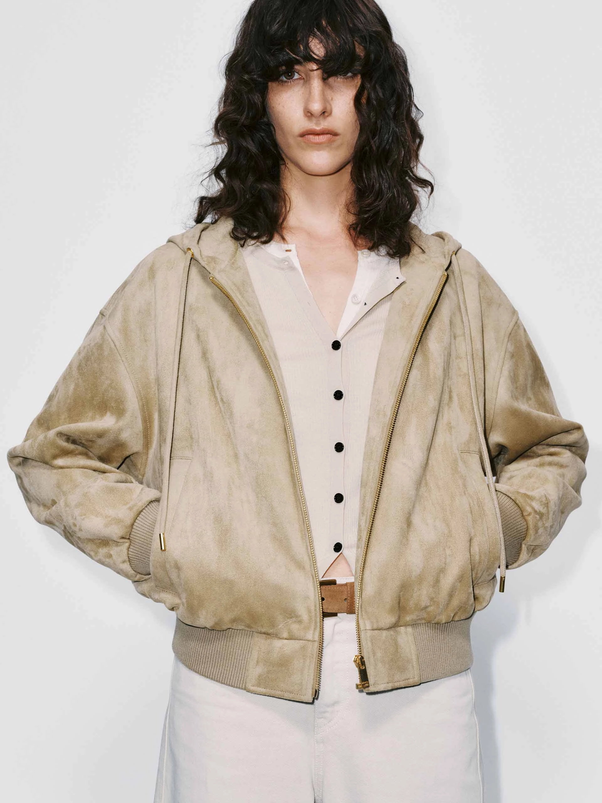 Faux Suede Hooded Coat Layered Collar