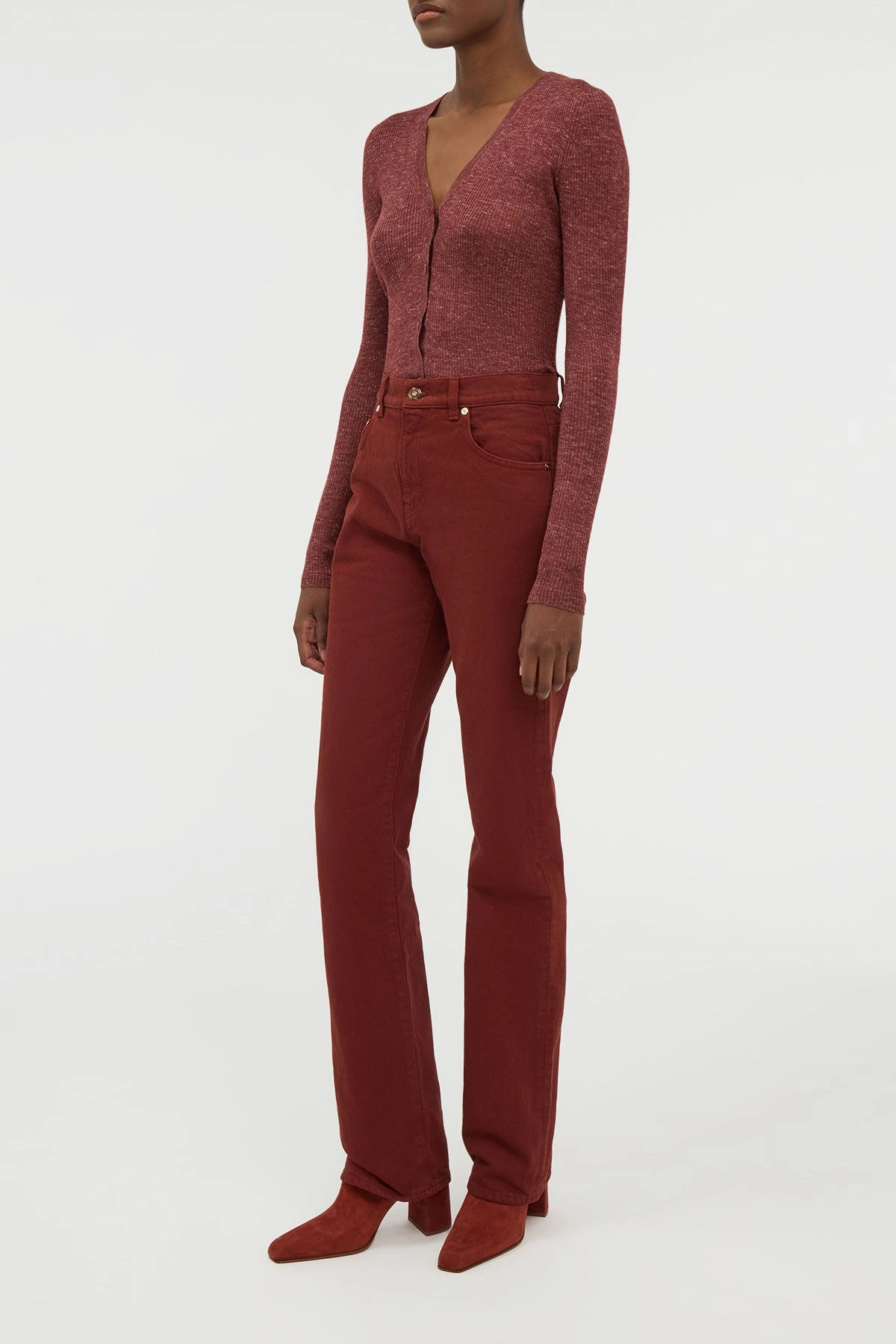 Aiste Knit Cardigan in Burnt Sienna Cashmere Silk with Hemp Home Style Interlock Ribbed Collar