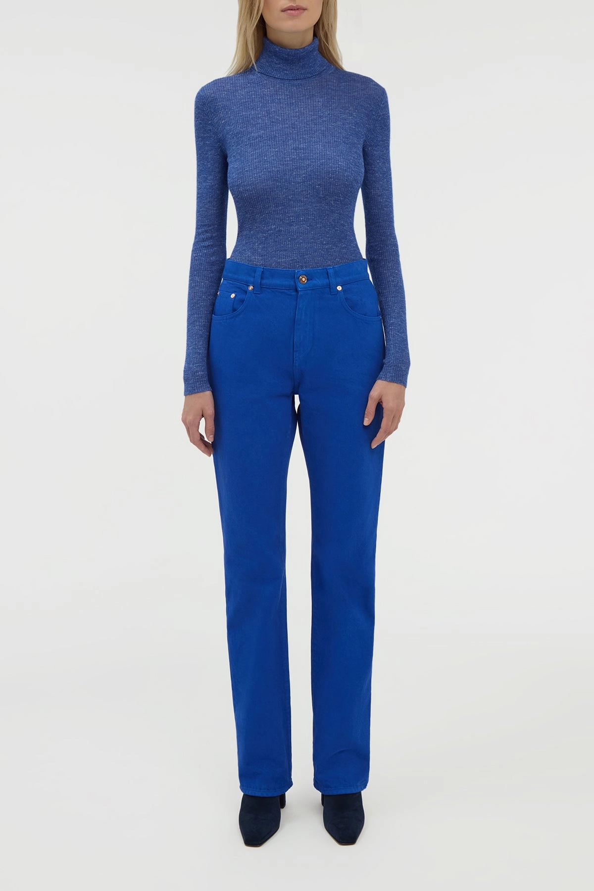 Aldona Knit Turtleneck in Cobalt Cashmere Silk with Hemp Bamboo Fiber Composition