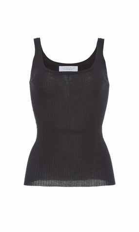 Breathable Mesh Panels Alicia Knit Tank Top in Black Merino Wool