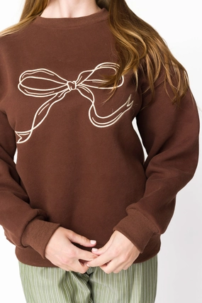Essential Layering Adjustable drawstring Claire Embroidered Bow Sweatshirt in Chocolate *Final-Sale*