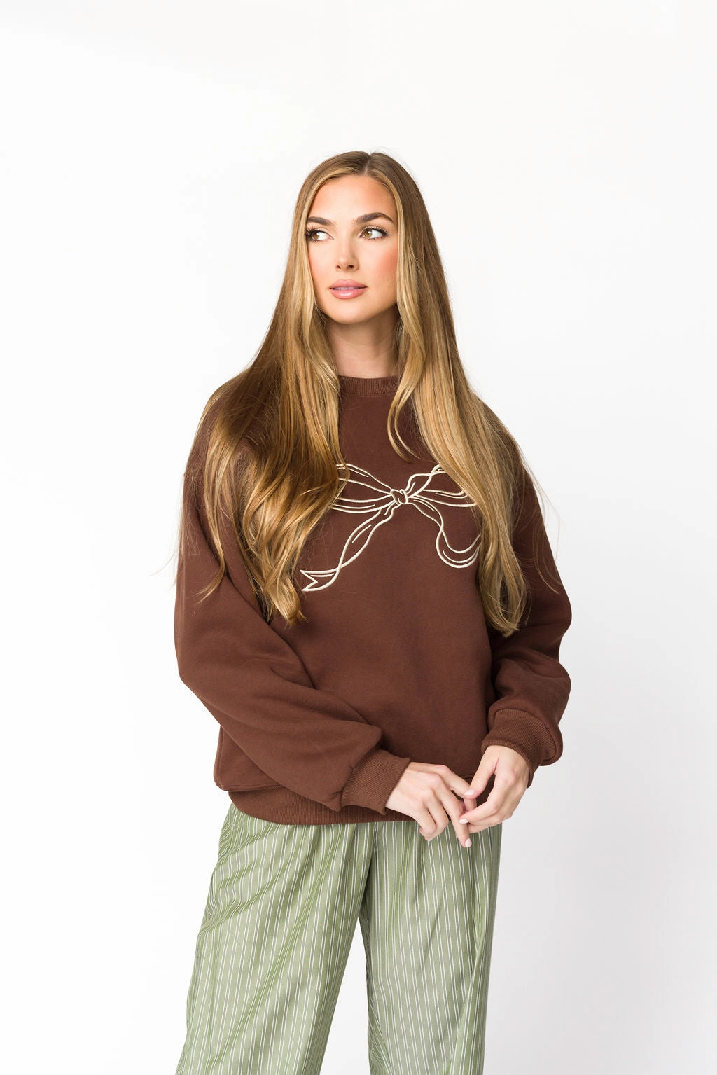 Claire Embroidered Bow Sweatshirt in Chocolate *Final-Sale* Warm & Soft