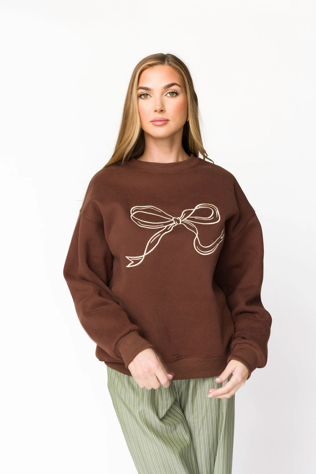 Casual Chic Snuggly Design Claire Embroidered Bow Sweatshirt in Chocolate *Final-Sale*