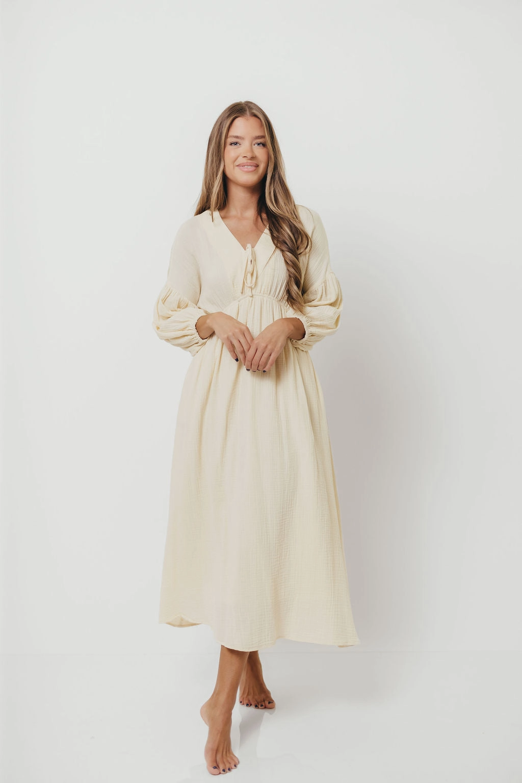 Hunter 100% Cotton Gauze Midi Dress in Butter - Bump Friendly Effortless Style Soft and Relaxed
