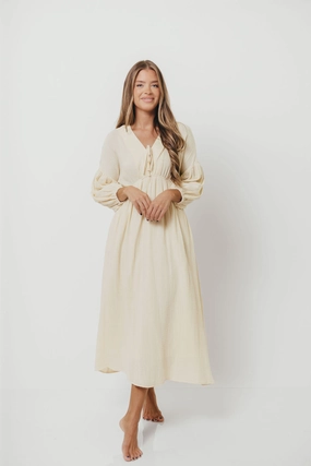 Hunter 100% Cotton Gauze Midi Dress in Butter - Bump Friendly Effortless Style Soft and Relaxed