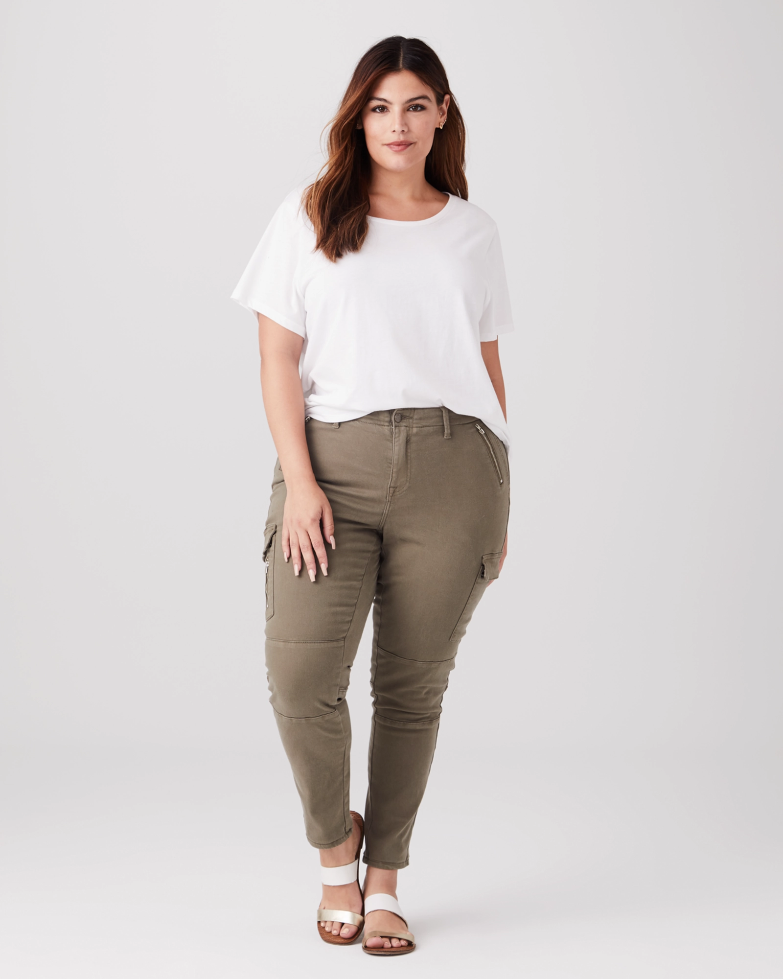 Four Way Stretch Fabric Amber Skinny Cargo Jeans | Olive Green