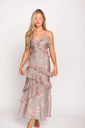 Sophisticated Style Amelia Ruffle Maxi Dress in Grey/Pink Floral *Final-Sale*