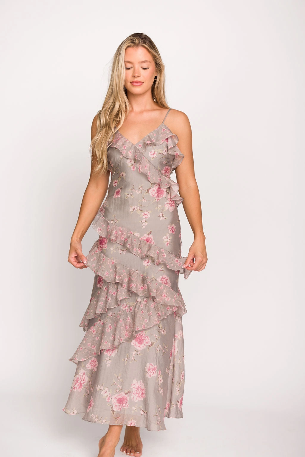Sophisticated Style Amelia Ruffle Maxi Dress in Grey/Pink Floral *Final-Sale*