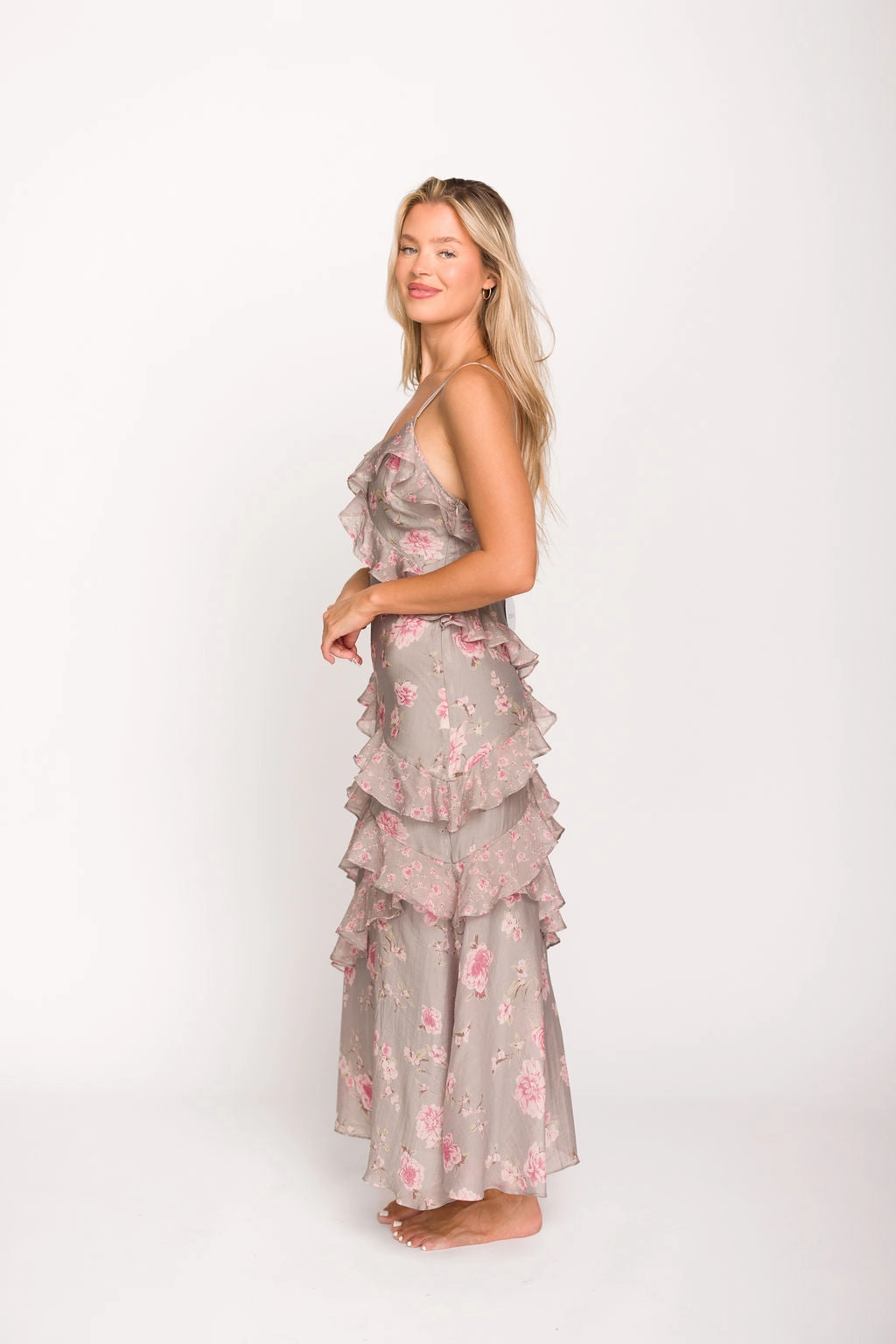 Amelia Ruffle Maxi Dress in Grey/Pink Floral *Final-Sale* Versatile Comfort Wear Lunch Date