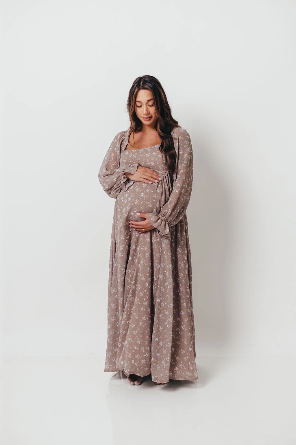 Amy Floral Long Sleeve Maxi Dress in Mocha Multi - Bump Friendly Classic Layer Minimalist-Trend