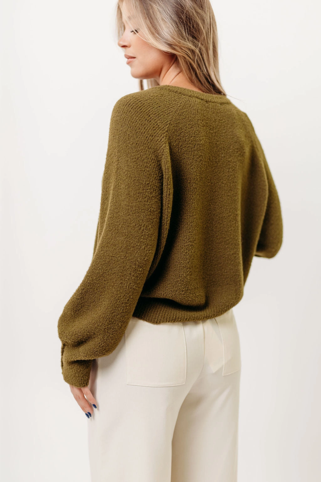 Chilly Wear Andrea Fuzzy Ribbed Knit Cardigan Top in Olive