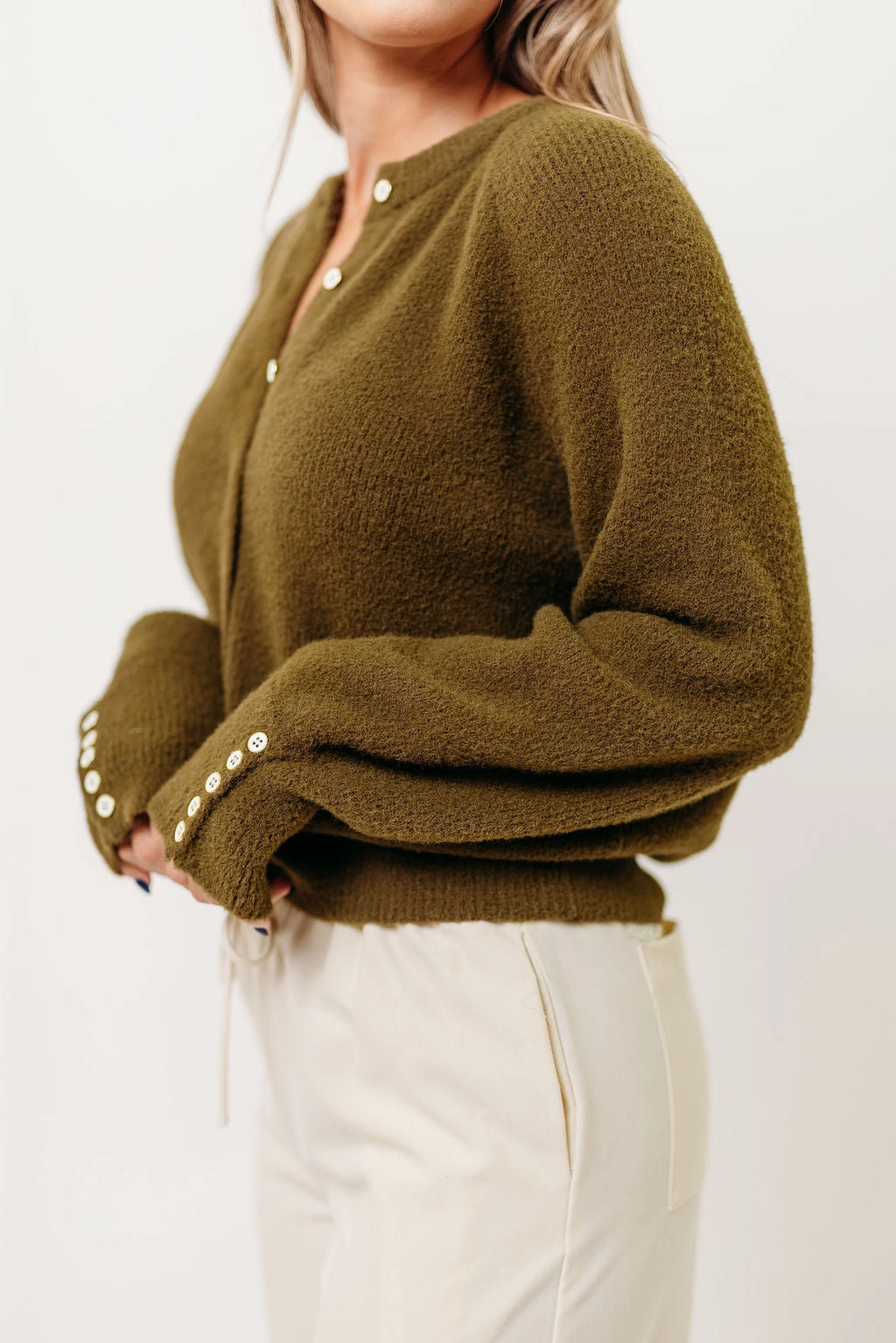 Versatile Style Andrea Fuzzy Ribbed Knit Cardigan Top in Olive