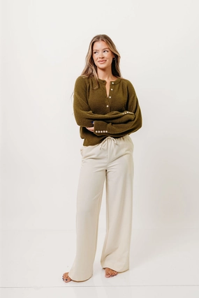 Andrea Fuzzy Ribbed Knit Cardigan Top in Olive Breathable mesh lining