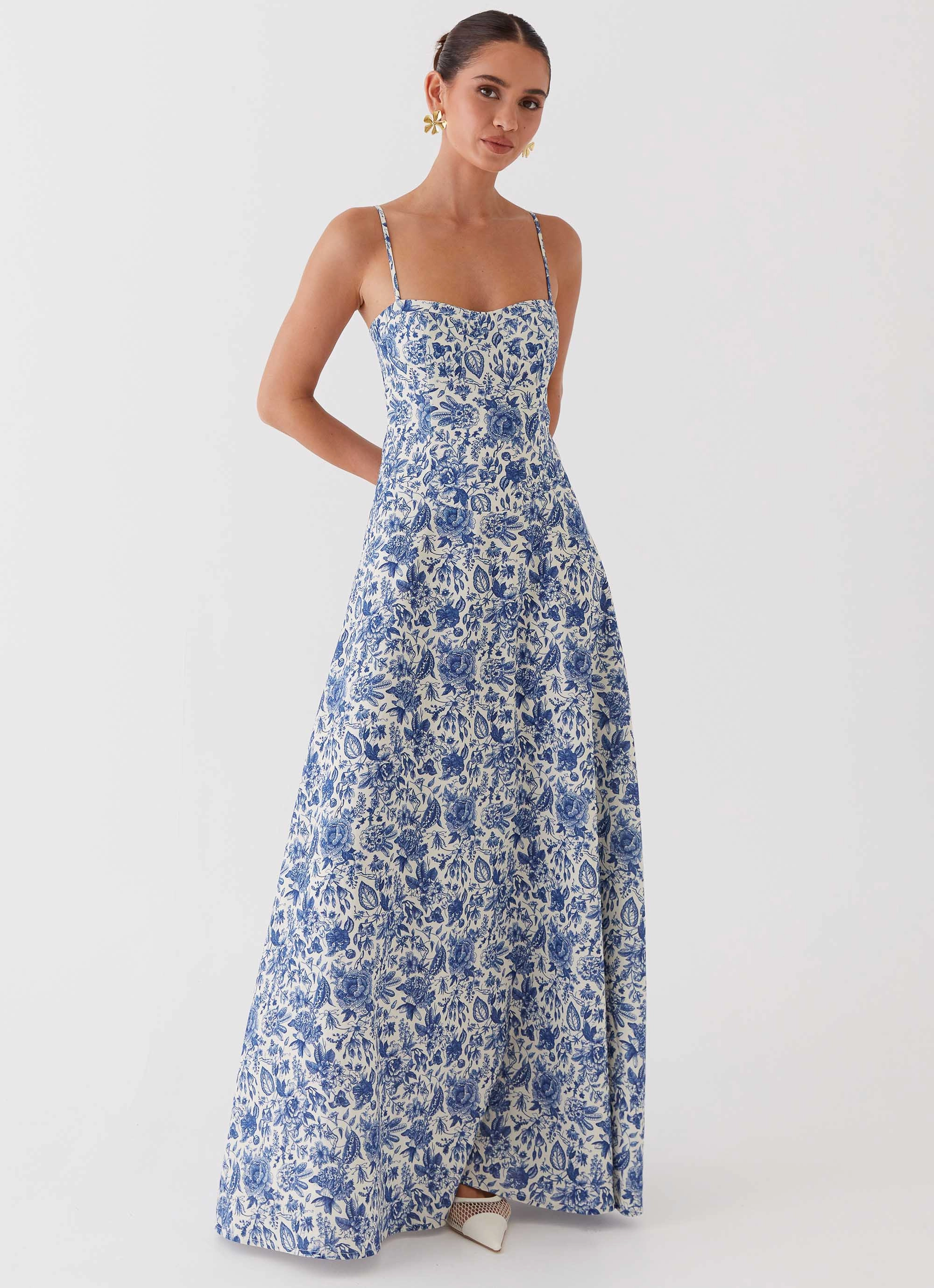 Angelina Linen Maxi Dress - Blue Paisley Smart Glide