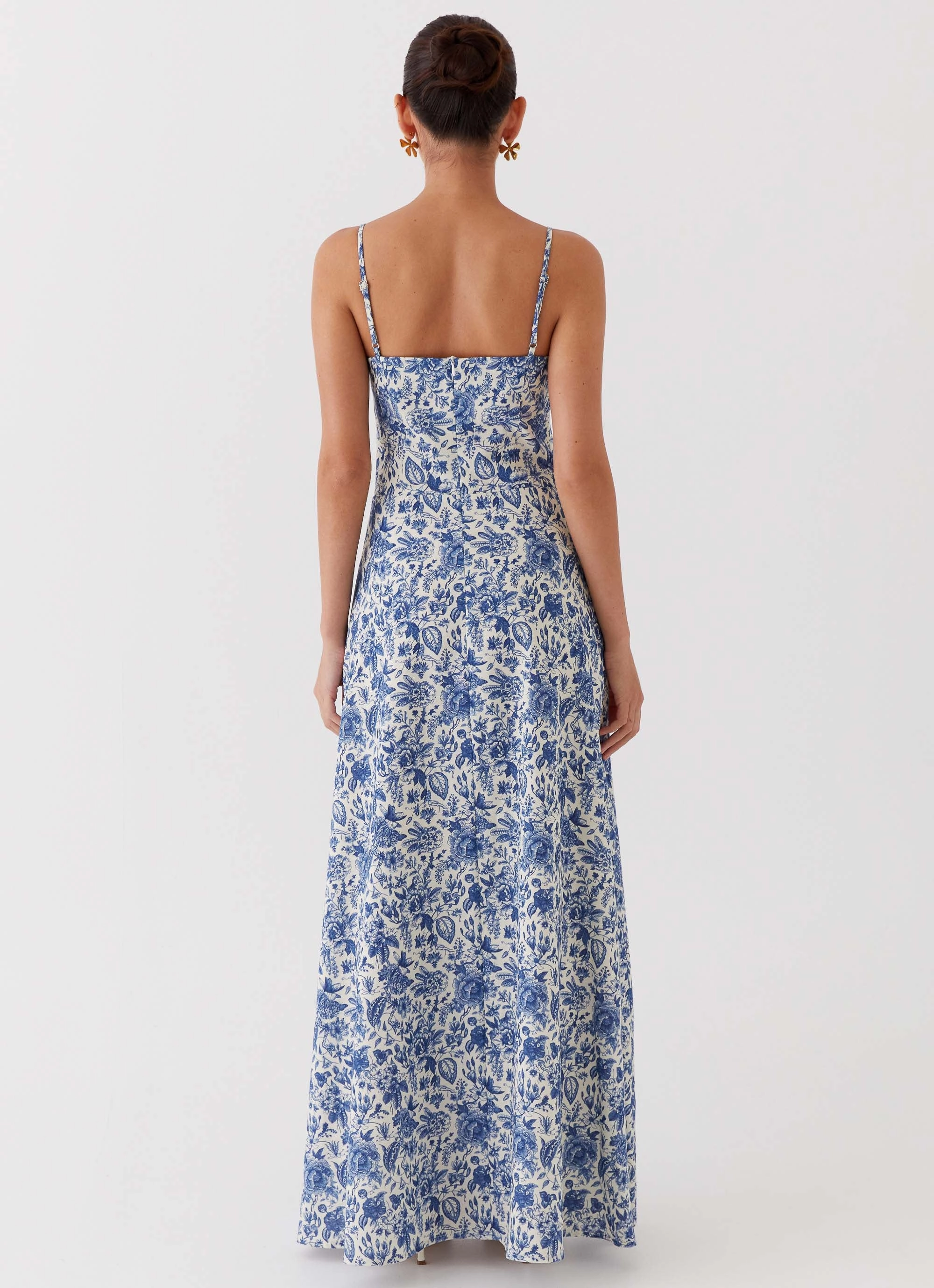 Beaded-Edge Angelina Linen Maxi Dress - Blue Paisley