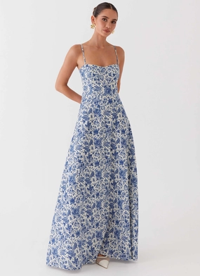 Angelina Linen Maxi Dress - Blue Paisley Smart Glide