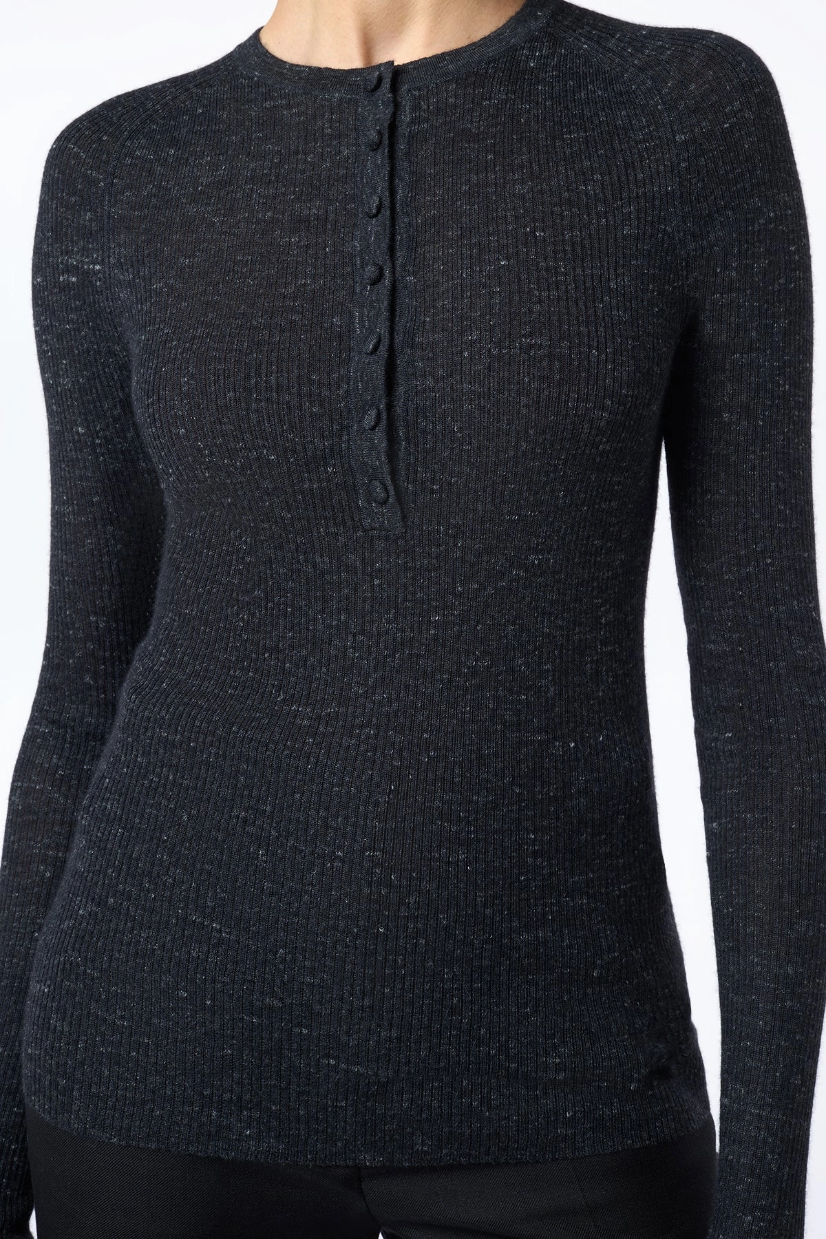 Cold Casual Outfit High Thread Count Anges Knit Henley in Black Cashmere Silk with Hemp