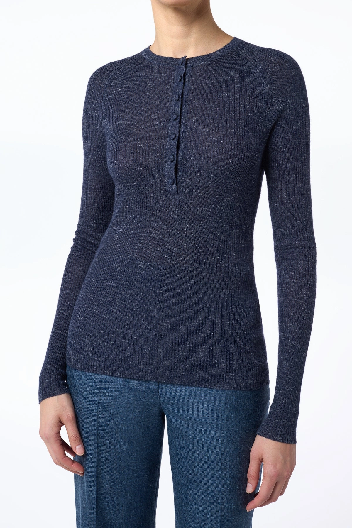 Smooth Seam Anges Knit Henley in Navy Cashmere Silk with Hemp