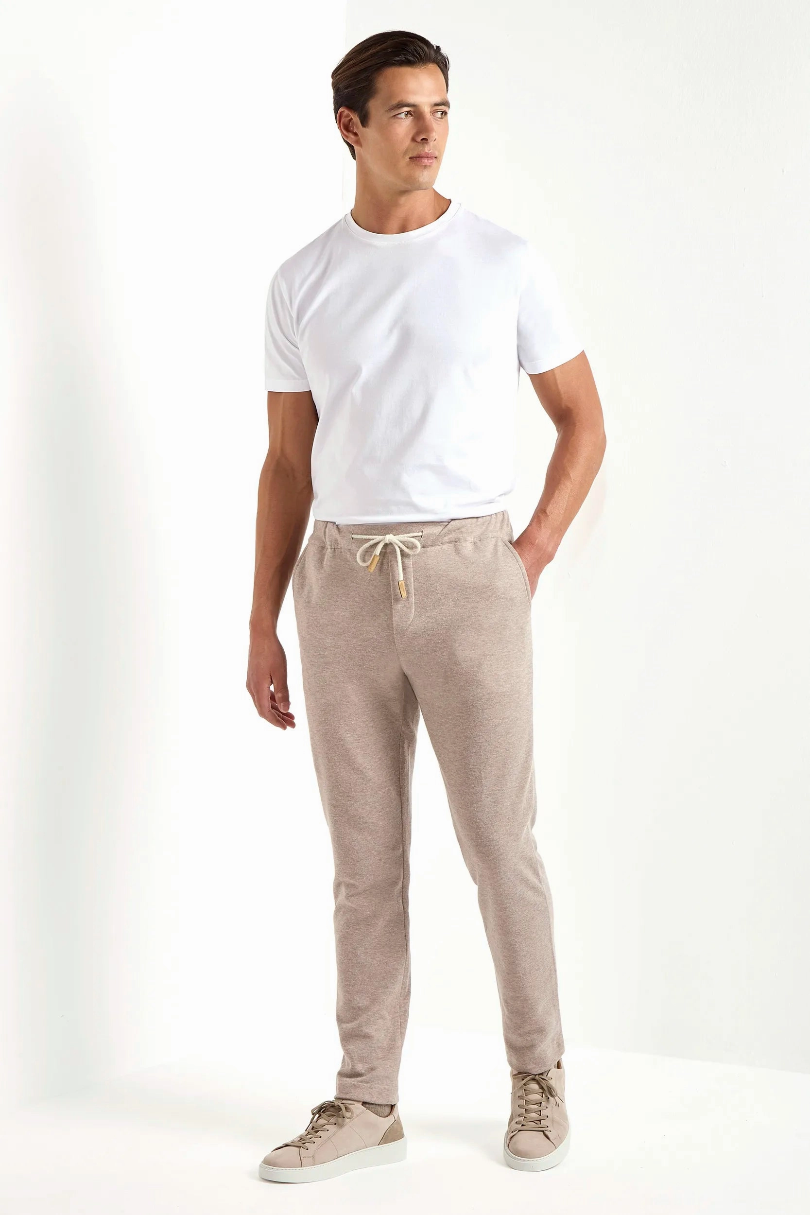 Chic Warmth Reinforced Hems Taupe jersey jogger pants - Made in Italy
