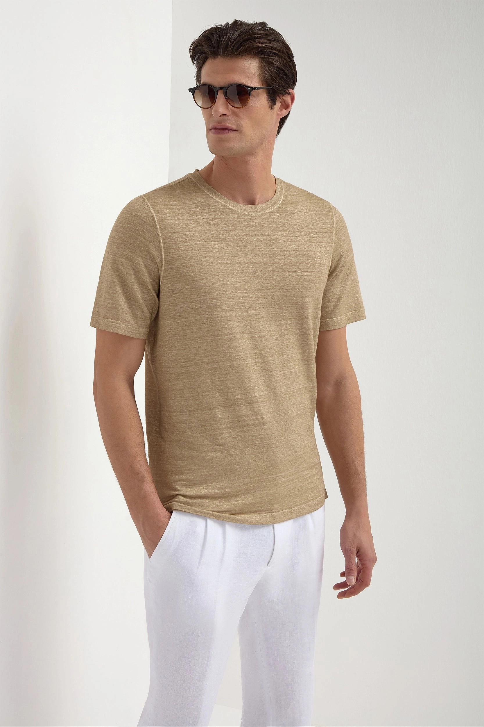 Taupe linen t-shirt - Made in Italy Texture Detail Stretch Ribbing