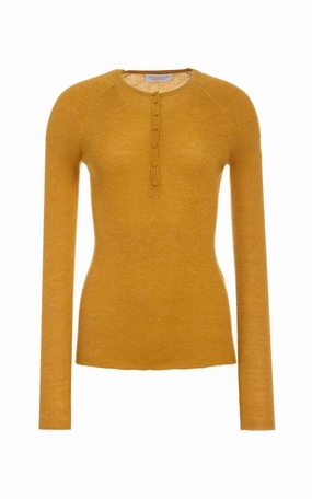 Anges Knit Henley in Golden Birch Cashmere Silk with Hemp Effortless Style Interlock Knit Body