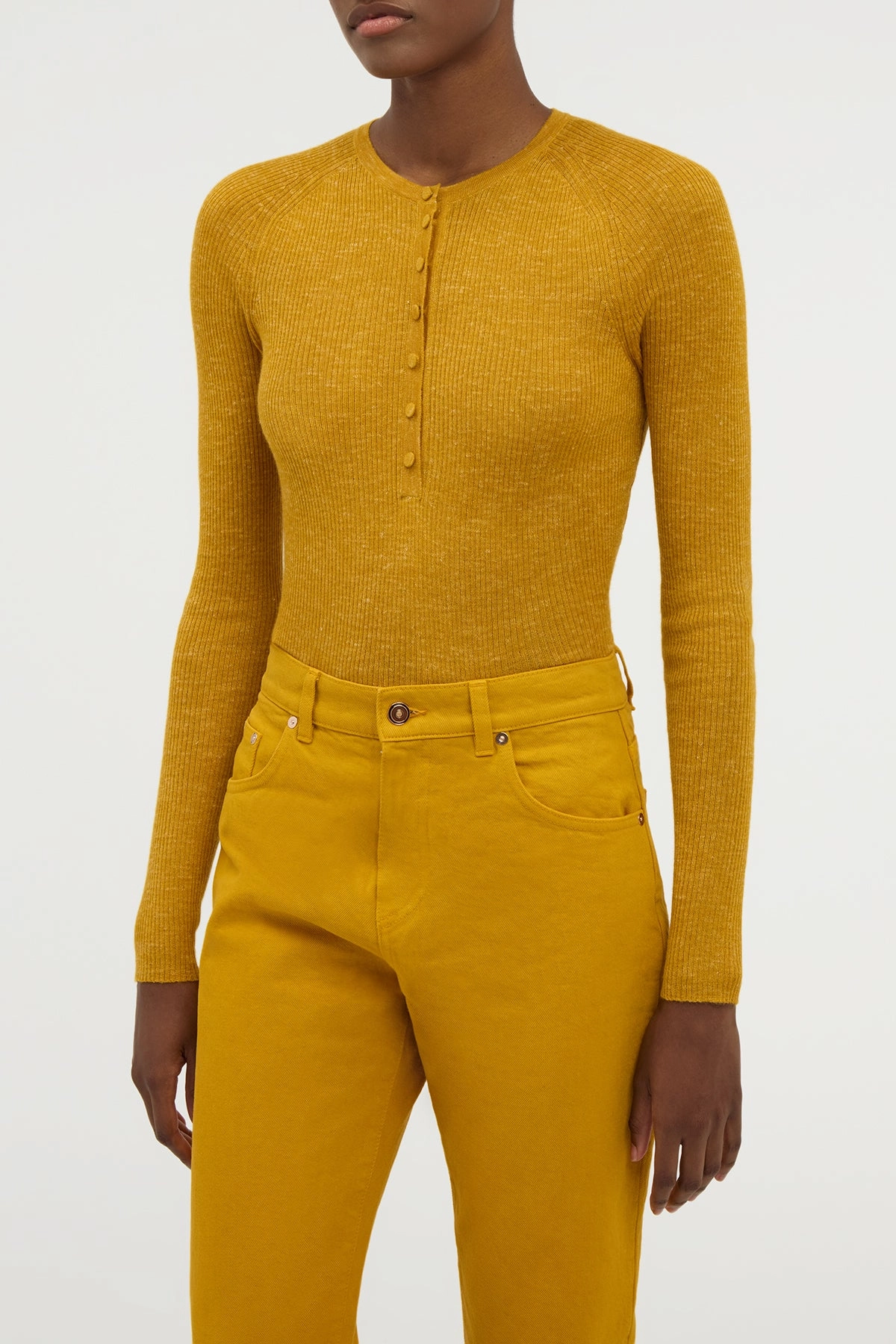 Anges Knit Henley in Golden Birch Cashmere Silk with Hemp Sleek Fit Moisture Wicking Texture