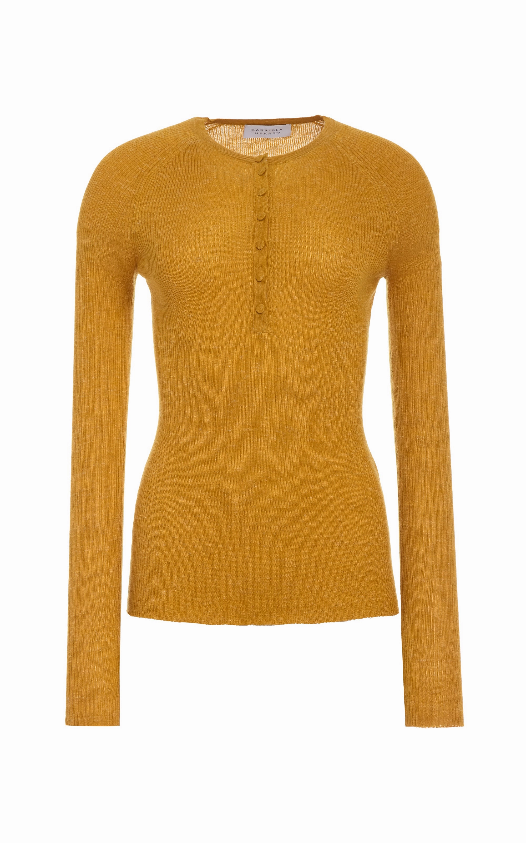 Anges Knit Henley in Golden Birch Cashmere Silk with Hemp Effortless Style Interlock Knit Body