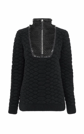 Isha Knit Mock Funnel Neck in Black Nappa Leather Snake Scales & Cashmere Layer Option