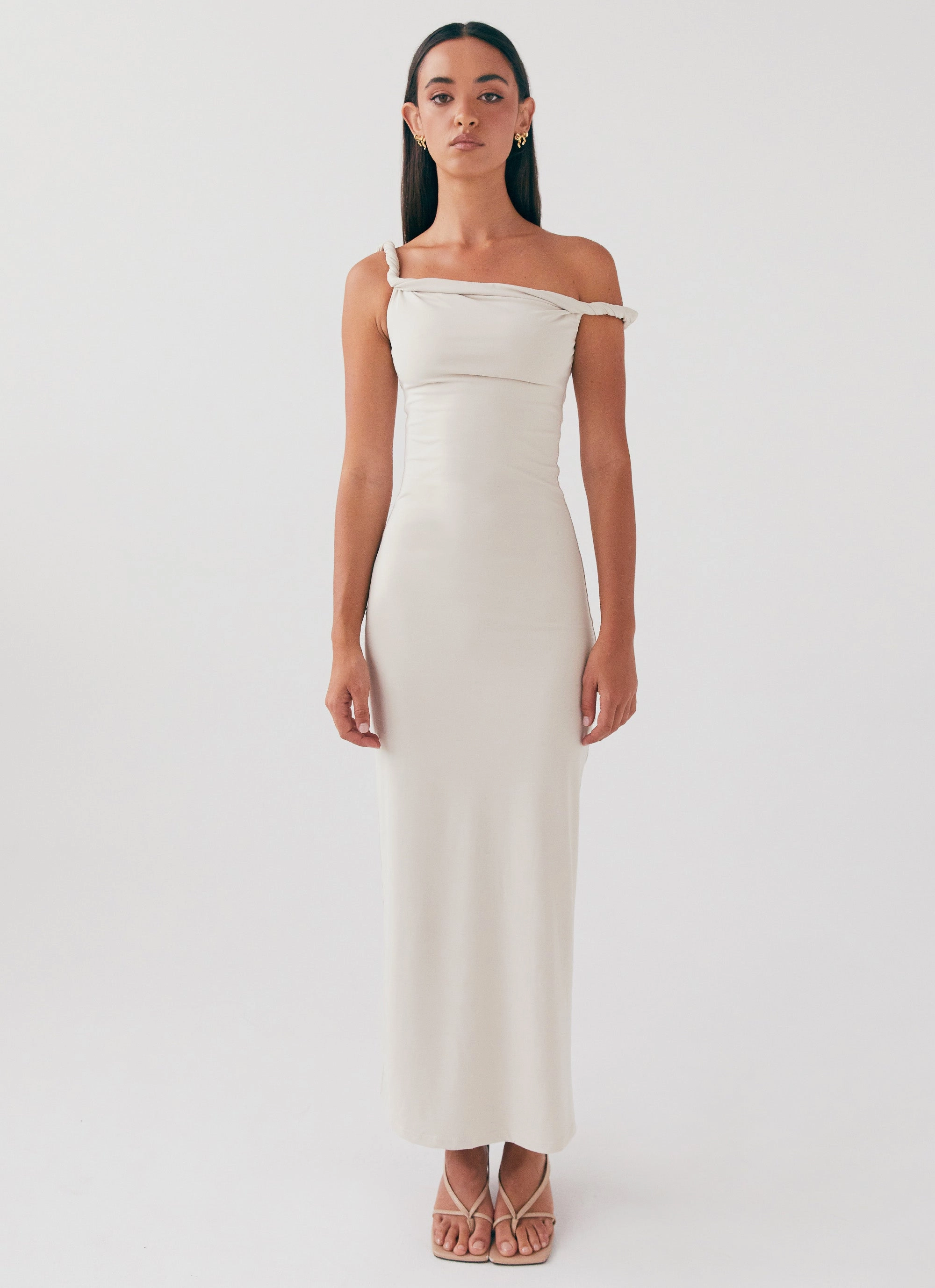 Arabella Twist Shoulder Maxi Dress - Beige Playful design piece Smart Design