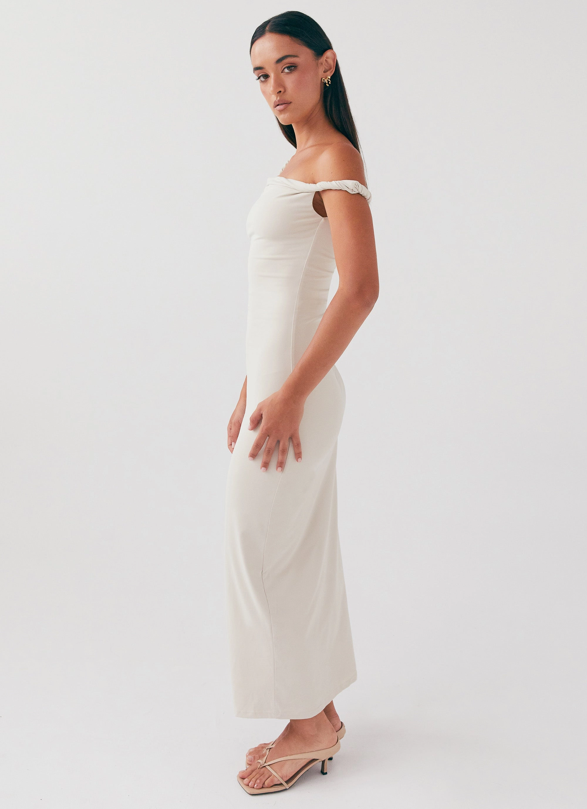 Arabella Twist Shoulder Maxi Dress - Beige Draped-Style Flattering Fit for All