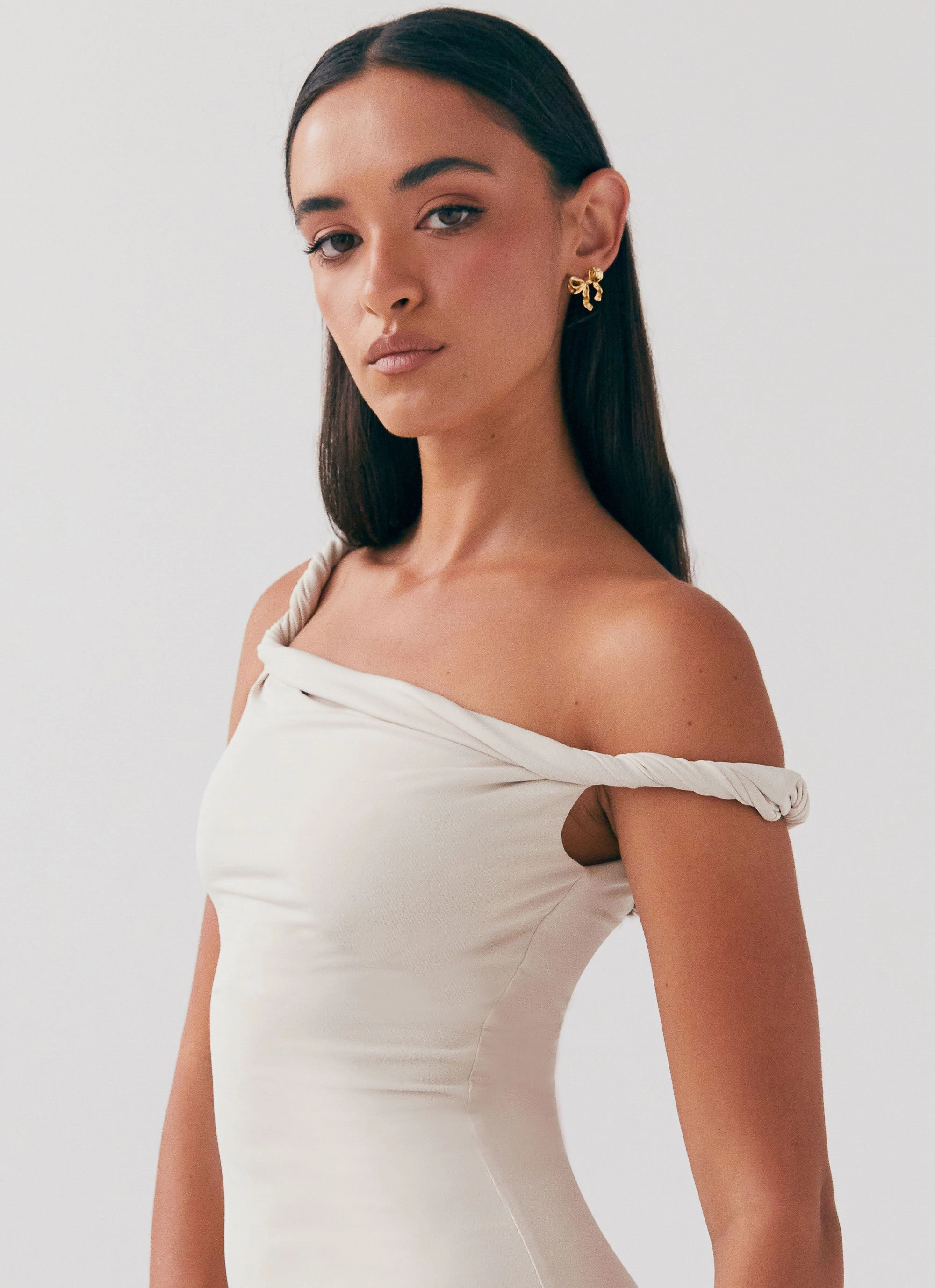 Arabella Twist Shoulder Maxi Dress - Beige Sleek Fit Stylish Appearance